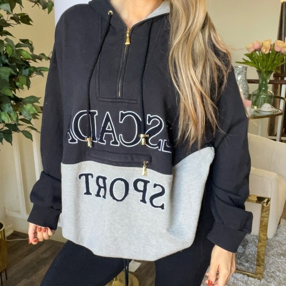 Escada Sport Vintage Bicolor Big Logo 1/4 Zip Hoodie Sweatshirt Activewear L - Picture 4 of 17